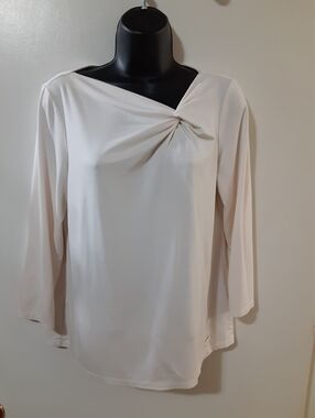Anne Klein Cream Twist Neck Blouse Gold Logo Detail Quiet Luxury Top M